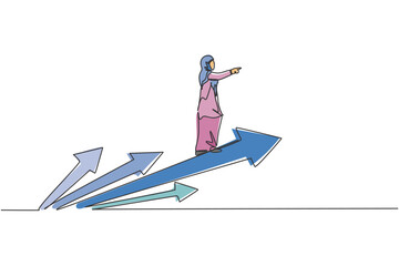 Poster - single continuous line drawing young professional female arab entrepreneur riding arrow and flying. 