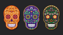 Mexican Folk Sugar Skulls. Dia De Los Muertos Stickers.