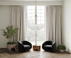 Canvas Print - 3d rendering of modern classic living room with grey armchairs and golden table, modern chandelier, wooden parquet and big tree in a pot. 