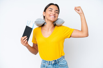 Poster - Woman with Inflatable Travel Pillow over isolated background doing strong gesture