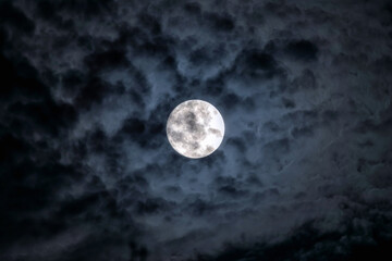 Wall Mural - Full moon at night. The illuminated face of the moon is wrapped in a cloud cover that covers it in a veiled way.
