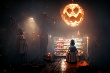 A girl is shopping some candy for Halloween day.