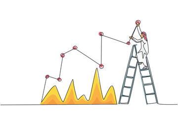 Poster - single continuous line drawing of young arabian businessman reporting sales progress chart on wall. 