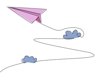 Poster - Single continuous line drawing of paper plane flying high through the clouds on white background. Paper origami kids toy. Minimalism concept dynamic one line draw graphic design vector illustration
