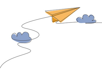 Poster - Single continuous line drawing of paper plane flying through the clouds on white background. Paper aircraft origami kid toy. Minimalism concept dynamic one line draw graphic design vector illustration