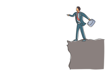 Poster - Single one line drawing of young smart business man standing on the edge of the cliff. Business challenge and freedom concept. Modern continuous line draw. Minimal design graphic vector illustration