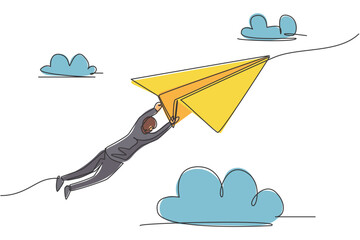 Poster - Continuous one line drawing young male worker hold and hang tight on flying paper airplane. Business challenge metaphor. Minimalist concept. Trendy single line draw design vector graphic illustration