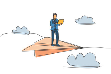 Poster - single one line drawing of young smart business man holding laptop and flying with paper airplane. b