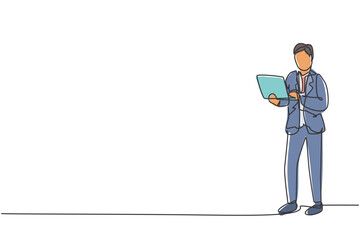 Fototapete - Single one line drawing of young smart business man with suit standing while holding a laptop. Business concept. Modern continuous line draw. Minimal design graphic vector illustration