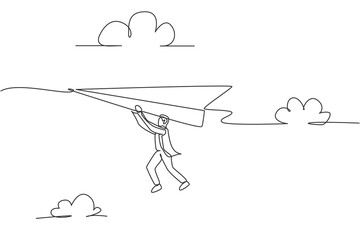 Wall Mural - Continuous one line drawing young male worker hanging tight on flying paper airplane. Success business challenge metaphor minimalist concept. Trendy single line draw design vector graphic illustration