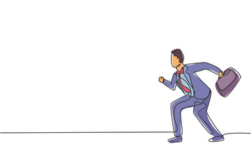 Poster - continuous one line drawing of young male worker ready to sprint to win business competition race. b