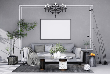 mock up poster frame in modern interior fully furnished rooms background, living room,