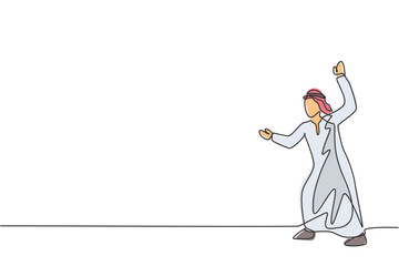 Poster - single one line drawing of young arab business man pose ready to hold attack from enemy gesture. bus