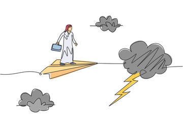 Poster - single continuous line drawing of young arabian business man entering thunderstorm with flying paper