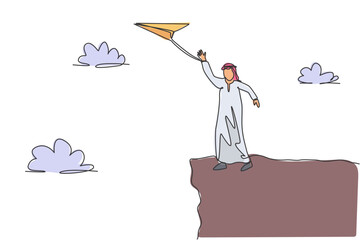 Poster - Single continuous line drawing young Arab business man waving hand to flying paper plane from top of mountain. Minimalism metaphor concept. Dynamic one line draw graphic design vector illustration