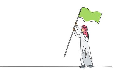 Poster - single one line drawing of young arab business man holding winning flag as achievement target. busin