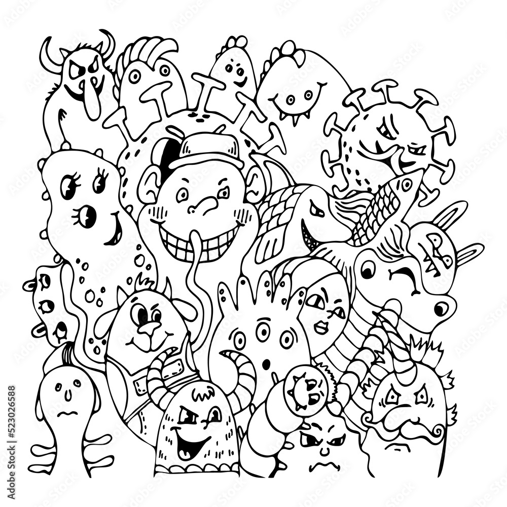 Coloring book cartoon monsters. Scary, funny microbes and bacteria ...