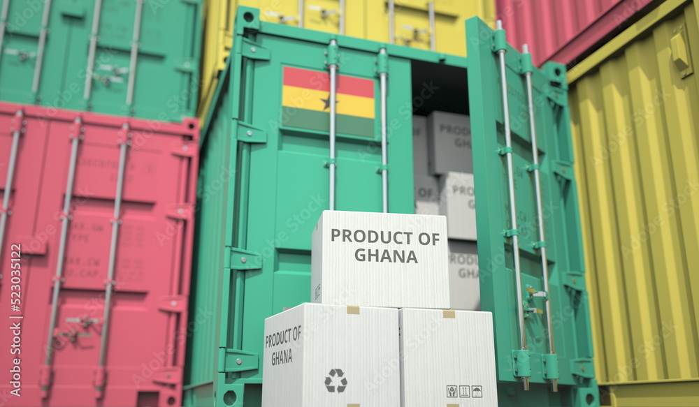 Cartons with goods from Ghana and shipping containers in the port ...