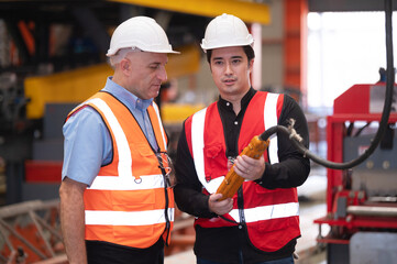 engineer team worker teaching help talking production machine Industry and  work in factory. staff operate control heavy machine in factory