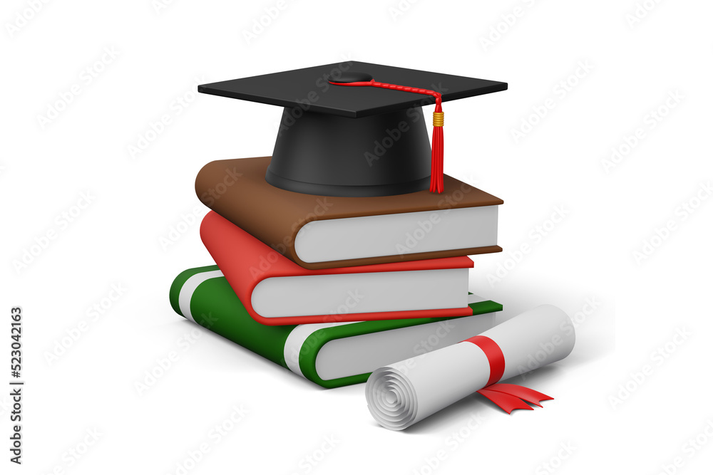 Graduation cap with Diploma and colorful book, 3d rendering Stock ...