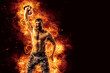 © zamuruev - Handsome bearded shirtless tattooed bodybuilder workout wih kettlebell. Fire art concept