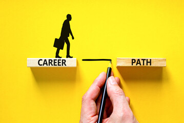 Wall Mural - Career path symbol. Concept words Career path on wooden blocks on a beautiful yellow table yellow background. Businessman hand. Business Career path concept. Copy space.