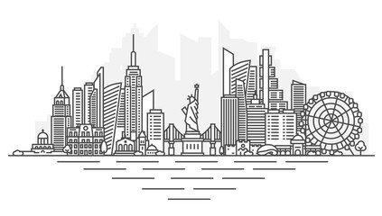 Wall Mural - New York, USA architecture line skyline illustration. Linear vector cityscape with famous landmarks, city sights, design icons. Landscape with editable strokes.