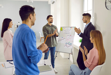 Wall Mural - Team of young people having a work meeting and using an office whiteboard. Group of employees applauding after their coworker has made a good business presentation with graphs and other visuals