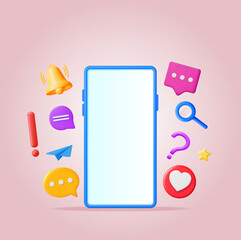 Poster - 3D Social Media Concept Isolated. Render Smartphone with Colorful Social Network Icon. Chat Bubble, Like Button, Exclamation Question Mark, Notification Bell. Online Communication. Vector Illustration