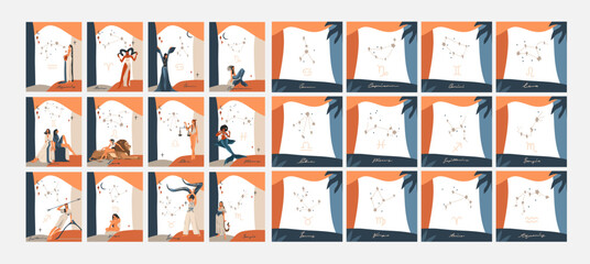 Wall Mural - Hand drawn vector abstract stock graphic simple illustration collection cards set art with modern magic collage artistic contemporary print template of boho zodiac stars constellations signs postcard.