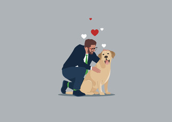 Businessman hug dog. Young man hugging Labrador with love, cozy relaxing friendship of man and pet,  vector illustration