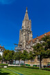 BERN, SWITZERLAND - August 2nd 2022: Spire Bernese Cathedral (Berner Münster). View from the Münsterplatform.