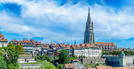 Wall Mural - BERN, SWITZERLAND - August 2nd 2022: Panoramic view of Bern and Berner Munster cathedral in a beautiful summer day, Switzerland