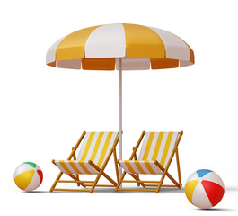 beach chairs and umbrellas with beach ball, summer season, 3d rendering