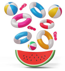 Wall Mural - Watermelon and swimming ring with beach ball, summer season, 3d rendering