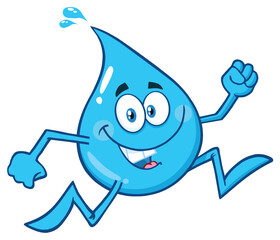  Smiling Blue Water Drop Cartoon Mascot Character Running. Hand Drawn Illustration Isolated On Transparent Background