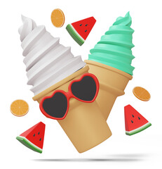 Wall Mural - Ice cream wearing glasses, summer season, 3d rendering