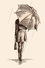 A Young Slender Girl With An Umbrella In Her Hands Walks Around The City. Pencil Sketch On Beige Background