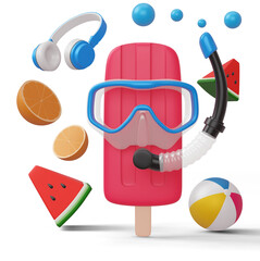 Wall Mural - Icecream wearing scuba diving mask with beach equipment, summer season, 3d rendering