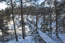 Repovesi National Park, Aerial Winter View, Landscape View Of A Finnish Park, Southern Finland, Kouvola And Mantyharju, Region Of Kymenlaakso, With A Group Of Tourists And Wooden Infrastructure