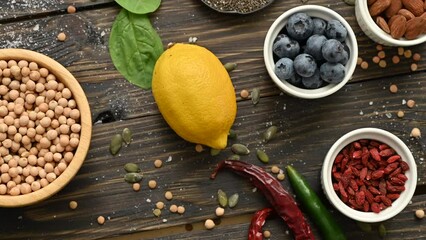 Wall Mural - Food composition with fruits and vegetables, blueberries, goji berries, lemon, almonds, chia seeds, beans