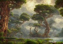 Beautiful Fantasy Land With Lake And Giant Trees