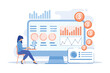 Data analyst consolidating financial information and reports on computer. Financial data management, financial software, digital data report concept. vector illustration
