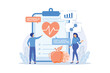 © Alwie99d - Cardio exercising and healthy lifestyle. Heart disease prevention, healthcare, cardiology. Healthy eating and workout. Health diagnostics. Vector illustration
