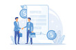 Financial obligation document. Promissory bill, loan agreement, debt return promise. Issuer and payee signing contract. Businessmen making deal. Vector ILLUSTRATION