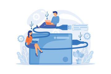 Tiny business people at laptops using portable external hard drive. External hard drive, data storage device vector illustration
