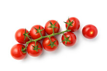 Bunch Of Fresh, Red Tomatoes With Green Stems Isolated On White Background. Well Separated From The Background.