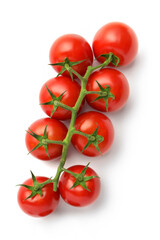 Wall Mural - Bunch of fresh, red tomatoes with green stems isolated on white background. Well separated from the background.