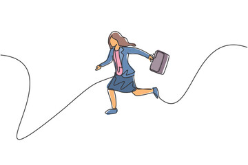 Poster - Single continuous line drawing of young business woman jumping high up to the sky. Professional entrepreneur. Minimalism metaphor concept. Dynamic one line draw graphic design vector illustration