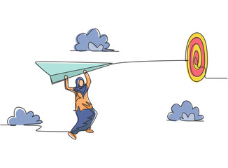 Poster - Single one line drawing of young Arab business woman hanging on flying paper plane to hit target. Business challenge. Minimal metaphor concept. Continuous line draw design graphic vector illustration